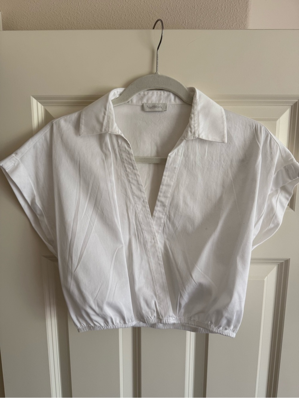 White Short Sleeve V-Neck Cropped Shirt
